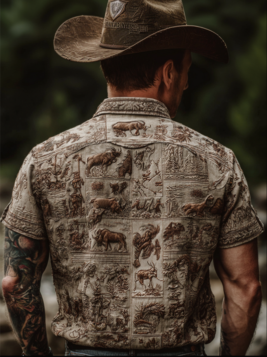 Western Cowboy Style Animal Elements Retro Cotton And Linen Men's Shirt artswardrobe