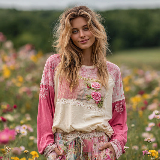 Women's Patchwork Lace Embroidered Flowers Contrasting T-shirt artswardrobe
