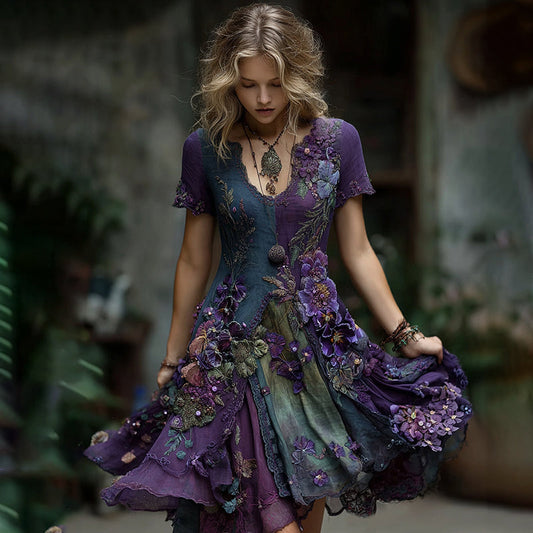Vintage Embroidered Pansy Floral Midi Dress artswardrobe