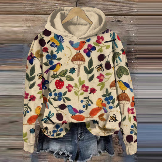 Comstylish Floral Insect Birds Plant Embroidery Pattern Print Sweatshirt