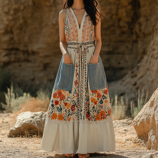 Women's Vintage Ethnic Floral Art Cotton And Linen Pocket Dress artswardrobe