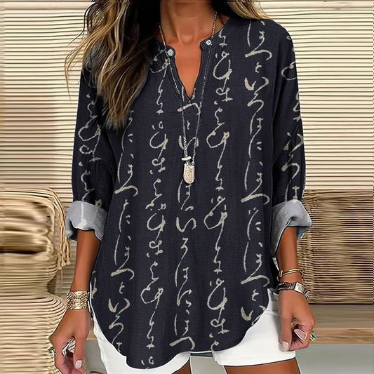 Comstylish Retro Japanese Traditional Sashiko Calligraphy Pattern Women's Linen V-Neck Shirt
