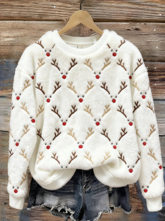 Comstylish Christmas Reindeer Faces Embroidered Cozy Plush Sweatshirt