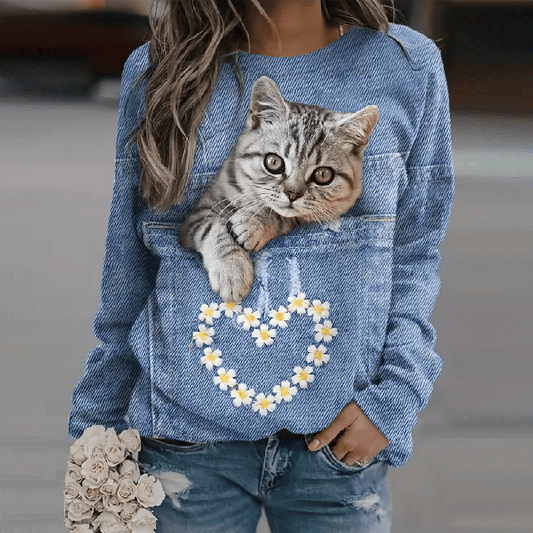 Women's Cowboy Pocket Cat Print Casual Crew Neck Sweatshirt elevenforest