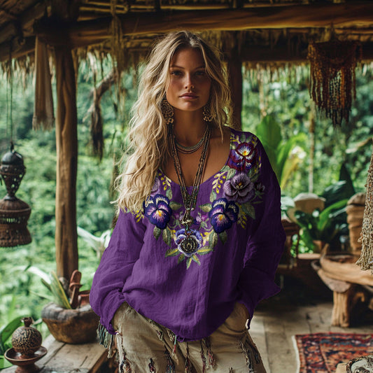 Comstylish Vintage Violet Floral Art Cotton Linen Casual Shirt
