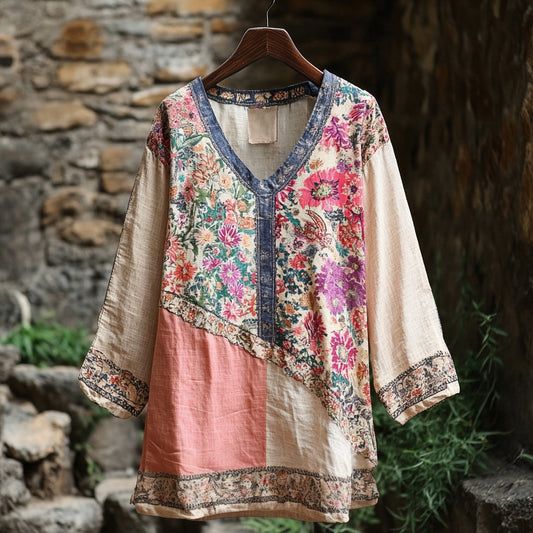 Comstylish Women's Retro Tribal Floral Stitching Cotton And Linen Long Sleeve Shirt