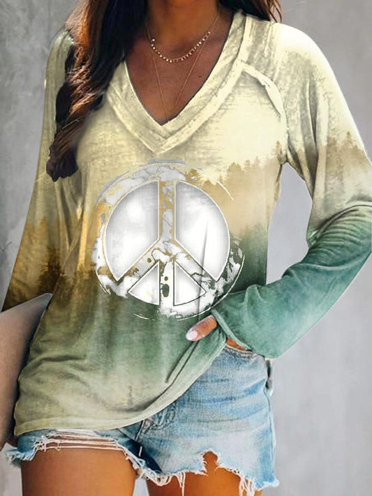 Women's Retro Hippie Peace Sign Patterns Print Casual V-neck Long Slee