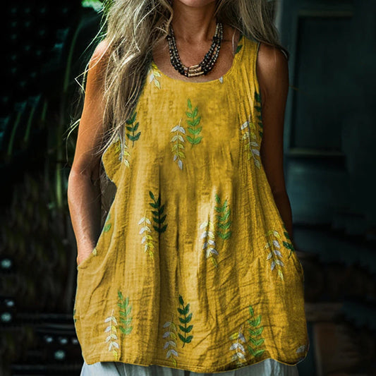 Women's Retro Loose Bohemia Vintage Leaf Art Style Linen Suspender Sleeveless Top artswardrobe