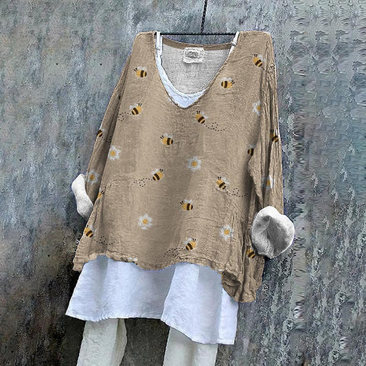 Comstylish Women's Vintage Bee Art Cozy Linen Blend Tunic