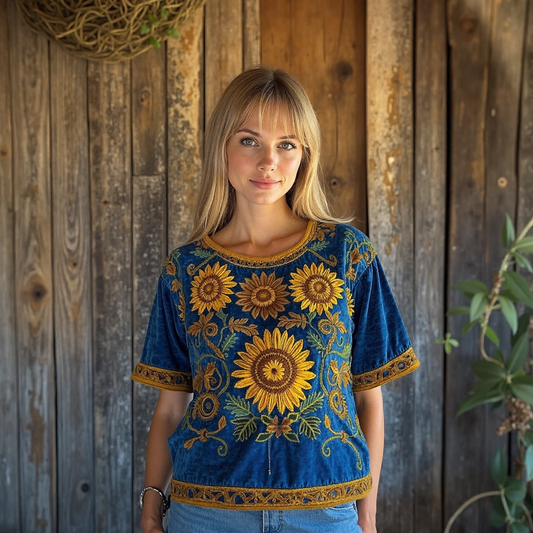 Vintage Sunflower Ethnic Floral Linen T-shirt artswardrobe