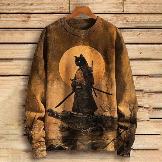 Men's Samurai Cat And Crocodile Surreal Art Print Casual Sweatshirt elevenforest