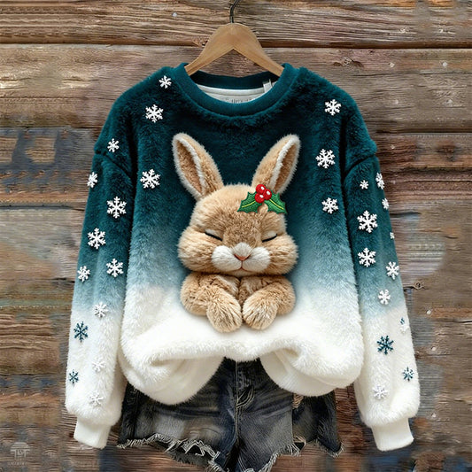Comstylish Women's Christmas Bunny Embroidery Round Neck Cozy Plush Sweatshirt