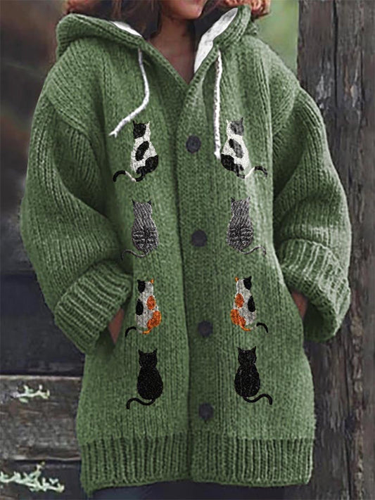 Women's Cat Casual Print Cozy Knit Cardigan artswardrobe