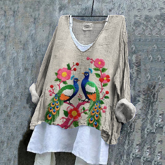 Comstylish Women's Vintage Peacock Floral Embroidery Art Loose V-neck Shirt