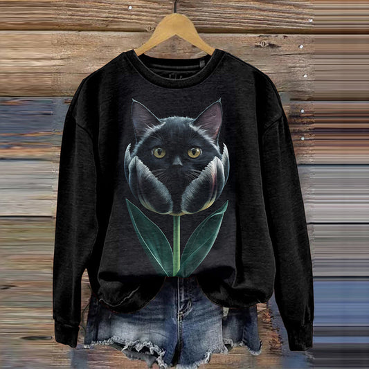 Abstract Creative Black Cat Look At You Print Crew Neck Casual Sweatshirt elevenforest