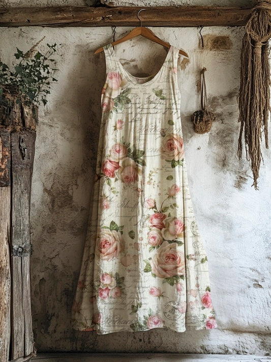 Vintage Oil Painting Rose Women's Linen V-neck Vest Dress artswardrobe