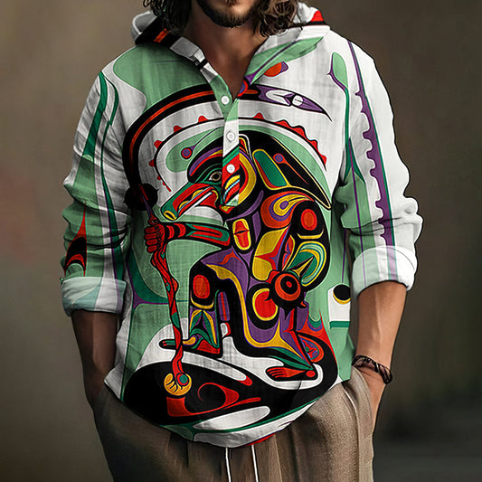 Men's Canadian Aboriginal Art Print Linen Blend Hooded Shirt elevenforest