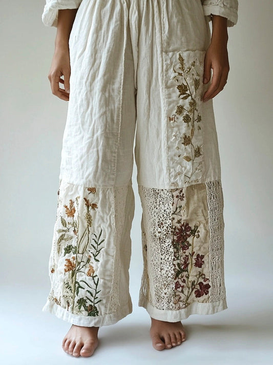 Floral Embroidery Lace Patchwork Women's Linen Pants artswardrobe