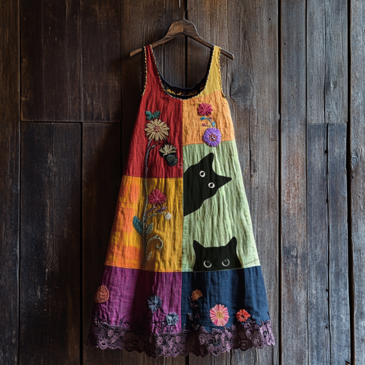 Vintage Abstract Creative Cute Black Cat  With Floral Patchwork Art Linen Tank Dress artswardrobe