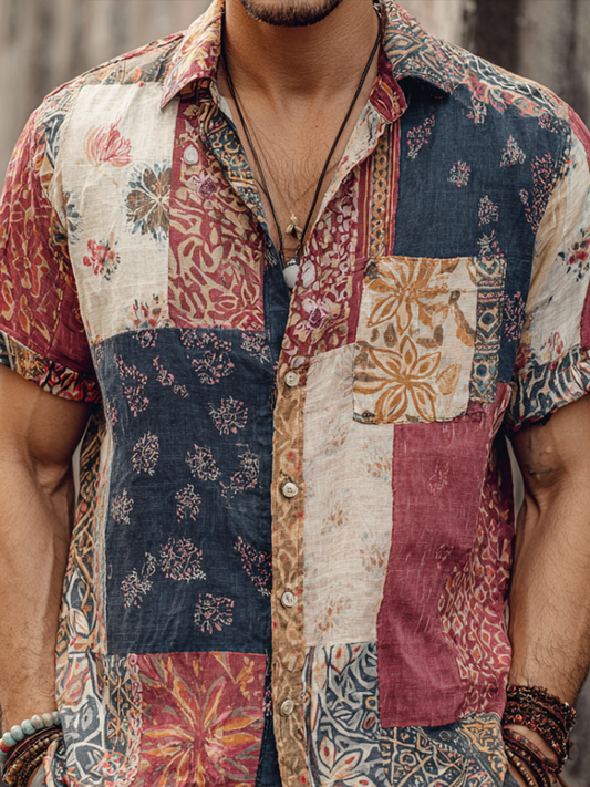 Western Style Bohemian Plant Flower Pattern Color Block Patchwork Retro Cotton And Linen Men's Shirt artswardrobe