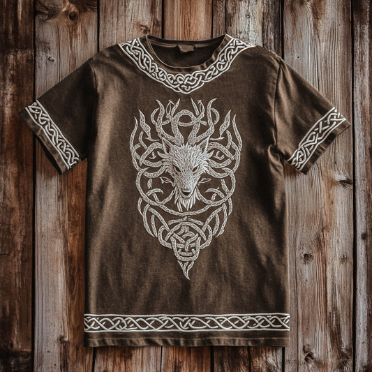 Men's Vintage Viking Wolf Print Cotton And Linen T-shirt artswardrobe