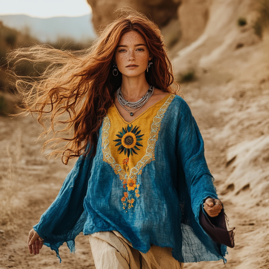 Comstylish Boho Sunflower Embroidery Print Cotton And Linen Blend Loose Blouse