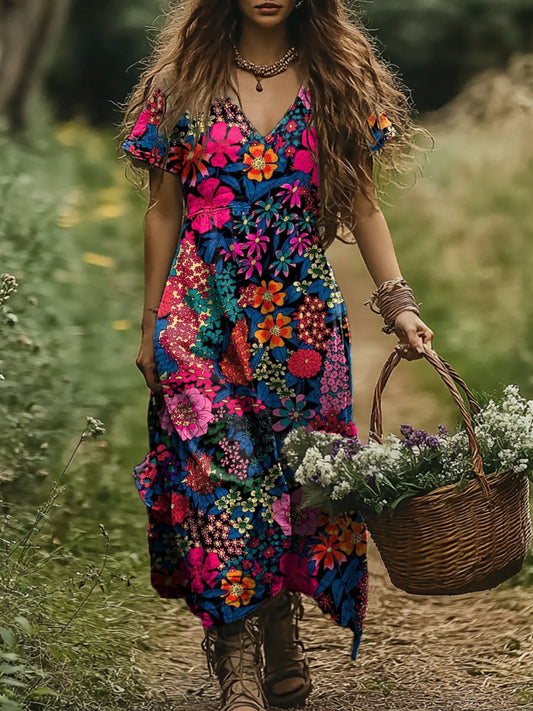 Women's Art Floral Vintage Print V-Neck Dress