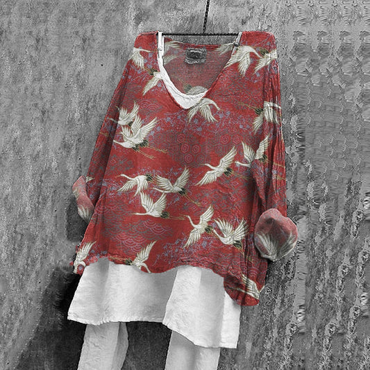 Comstylish Vintage Japanese Art Crane Print V-Neck Blouse