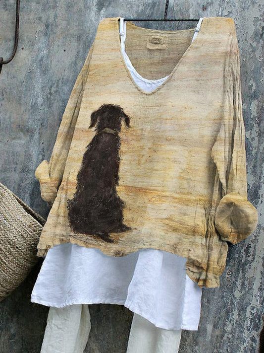Comstylish Loyal Waiting Dog Back View Painting Linen Blend Tunic
