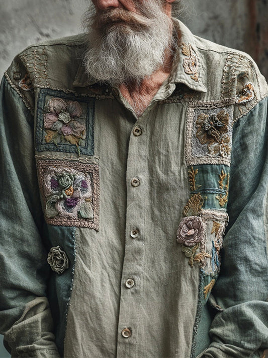 Boho Vintage Floral Patchwork Art Men's Linen Long Sleeve Shirt artswardrobe
