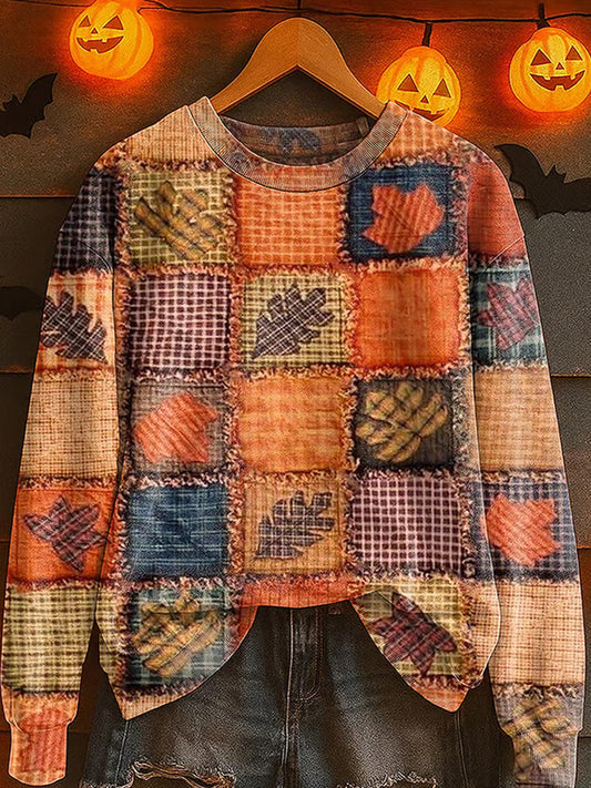 Comstylish Women's Fall Patchwork Pumpkin Print Crew Neck Sweatshirt