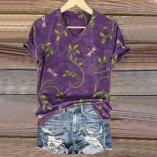 Women's Vintage Floral Dragonfly Art Print V-neck Casual T-Shirt
