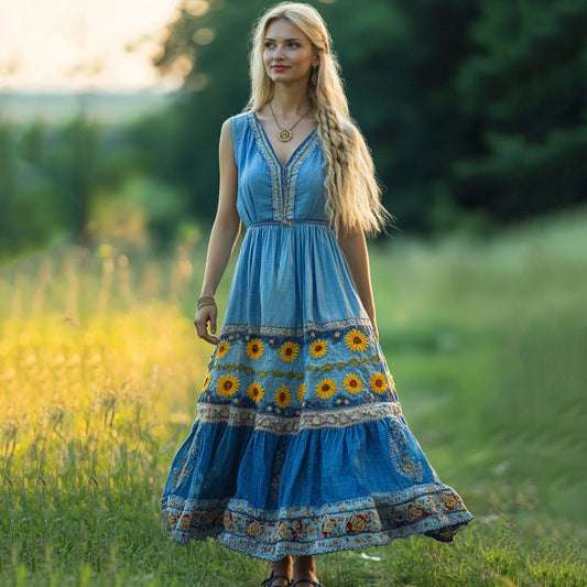Vintage Sunflowers Floral Embroidered Art Linen Tank Dress artswardrobe