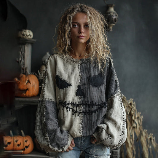 Comstylish Women's Halloween Spooky Face Colorblock Stitched Warm Sweatshirt