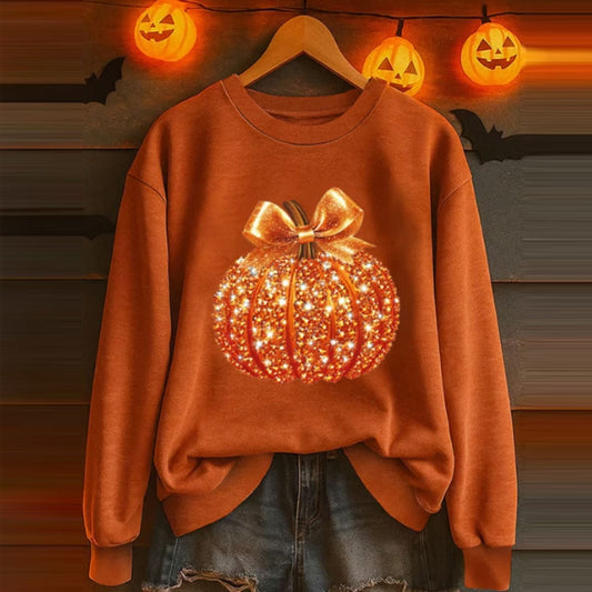 Comstylish Women's Halloween Pumpkin Sequin Print Crew Neck Long Sleeve Sweatshirt