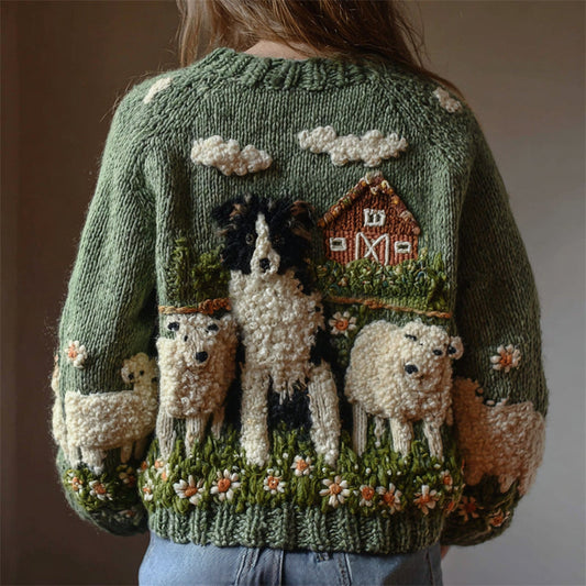 Comstylish Vintage Border Collie & Sheep Fleece Ranch Knit Cardigan
