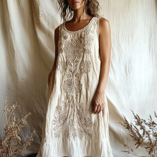Vintage Floral Embroidery Art Linen Tank Dress artswardrobe