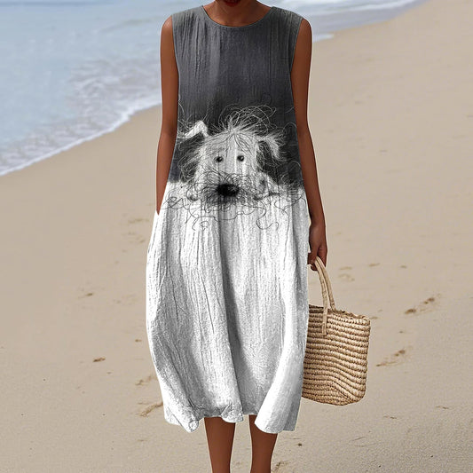 Comstylish Women's Vintage Messy Puppy Art Dress
