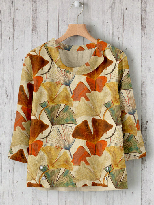 Comstylish Ginkgo Leafs Pattern Linen Blend Cozy Shirt
