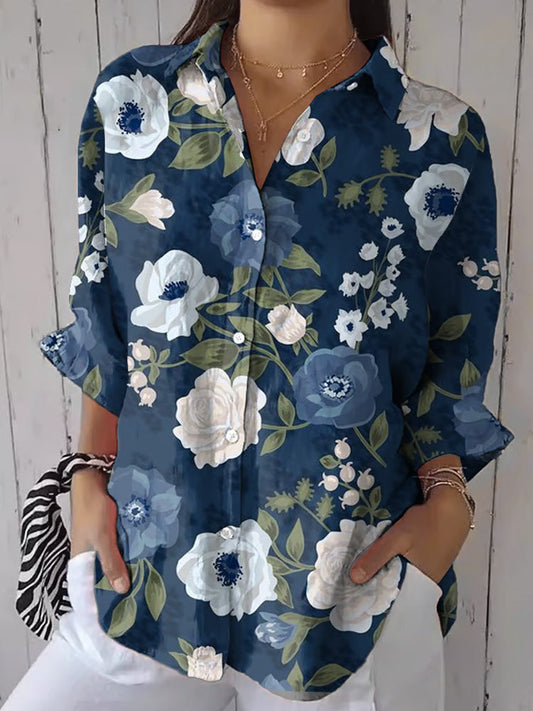 Comstylish Women's Vintage Floral Print Casual Lapel Shirt