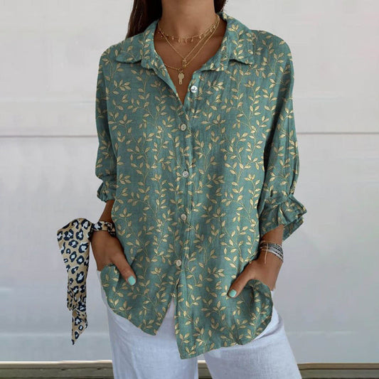 Comstylish Vintage Bamboo Leaf Floral Art Print Casual Linen V-Neck Shirt
