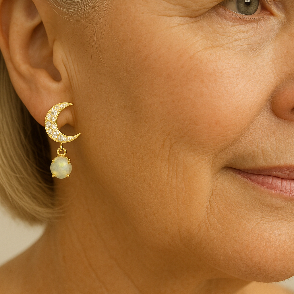 Moon and Star Earrings Made of Gold and Opal