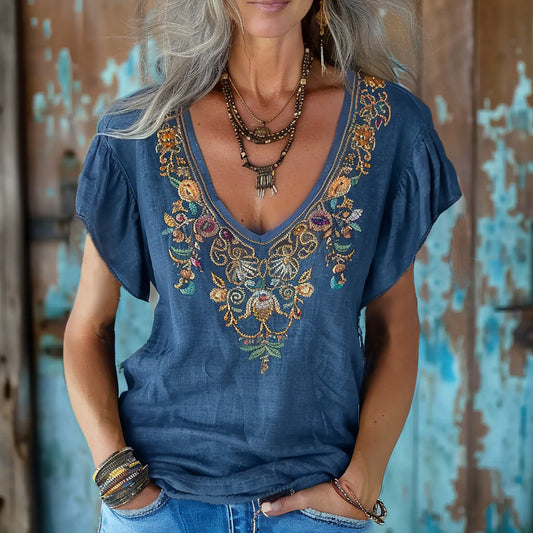 Comstylish Vintage Bohemian Ethnic Floral Linen Art Print Short Sleeve V-neck Shirt