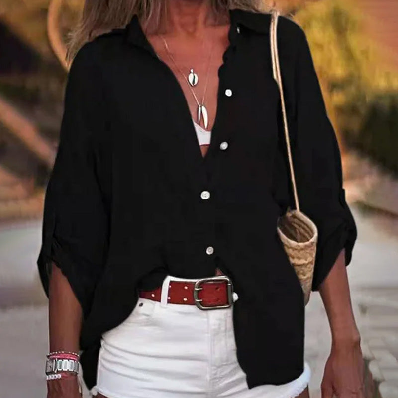 Comstylish Women's Casual Linen Solid-colored Print Shirt