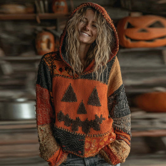 Halloween Pumpkin Face Patchwork Stitched Cozy Knit Hooded elevenforest