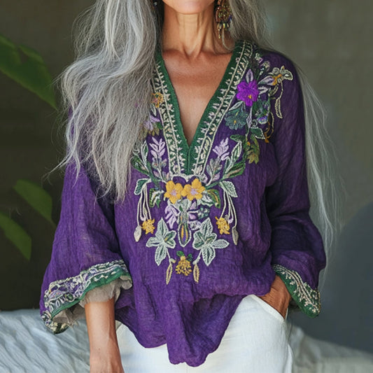 Vintage Floral Embroidery Linen Art V-neck Shirt artswardrobe