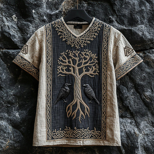 Men's Viking Raven And Tree Of Life Runes Celtic Knot Patchwork Linen T-shirt artswardrobe