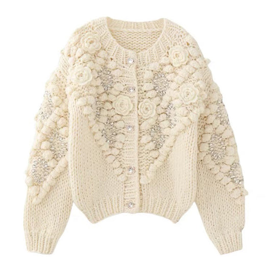 Women's Vintage Bohemian Floral Embroidery Art Aran Sweater Cardigan artswardrobe