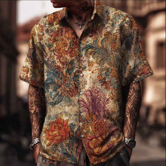 Bohemian Style Plant And Flower Pattern Men's Retro Cotton And Linen Shirt artswardrobe