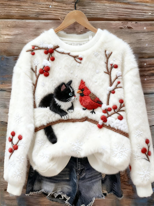 Lovely Cat & Cardinal Berry Branch Snowflakes Cozy Plush Sweatshirt elevenforest
